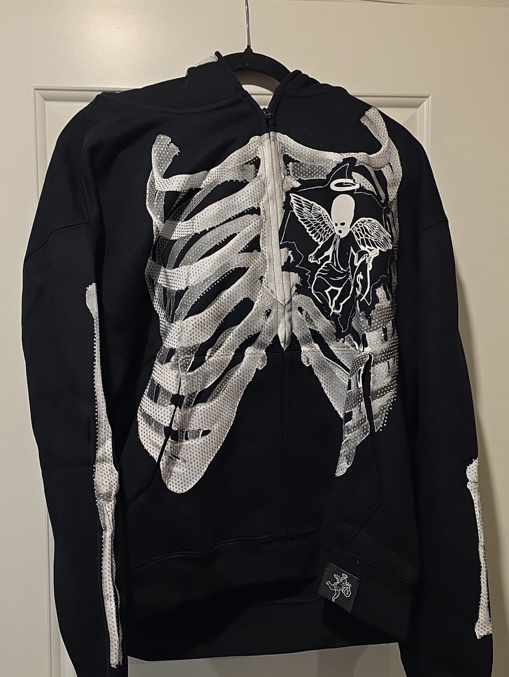 Hasta Muerte Black Skeleton Zip Hoodie with Angel Graphic, Diamond like studed.